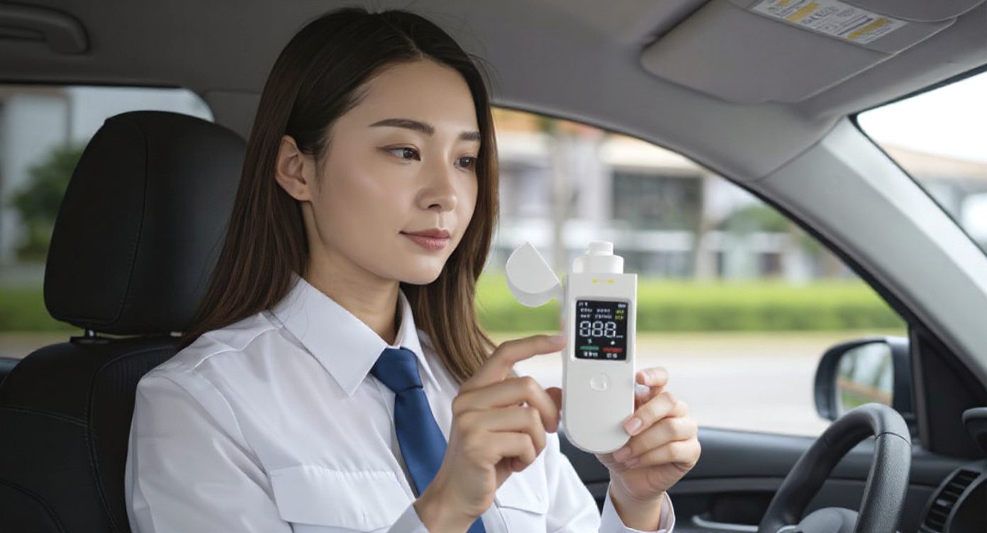 アルコールチェッカーを確認する女性ドライバー